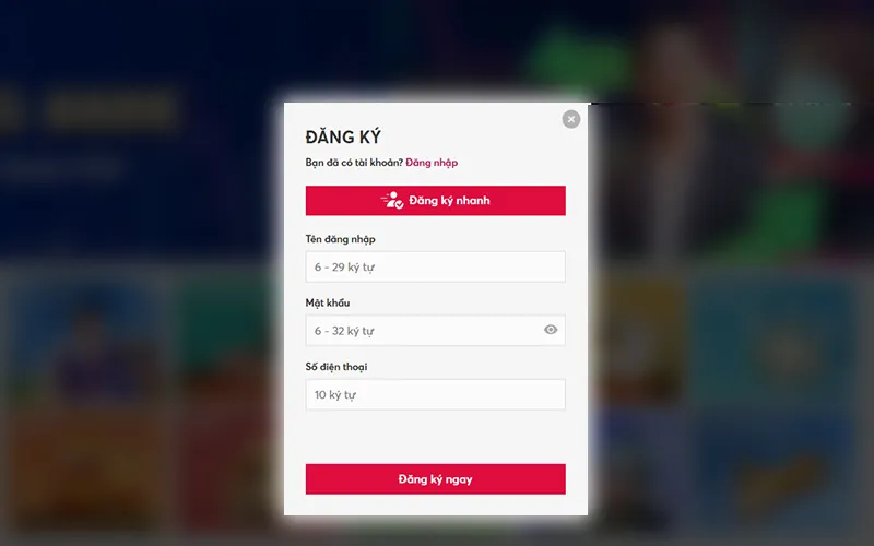Giao diện biểu mẫu đăng ký BOT88 trên nền tảng web